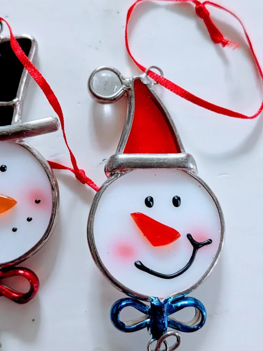 Set of 2 VTG Stained Glass Snowman Icicle Christmas Ornaments Suncatcher 9